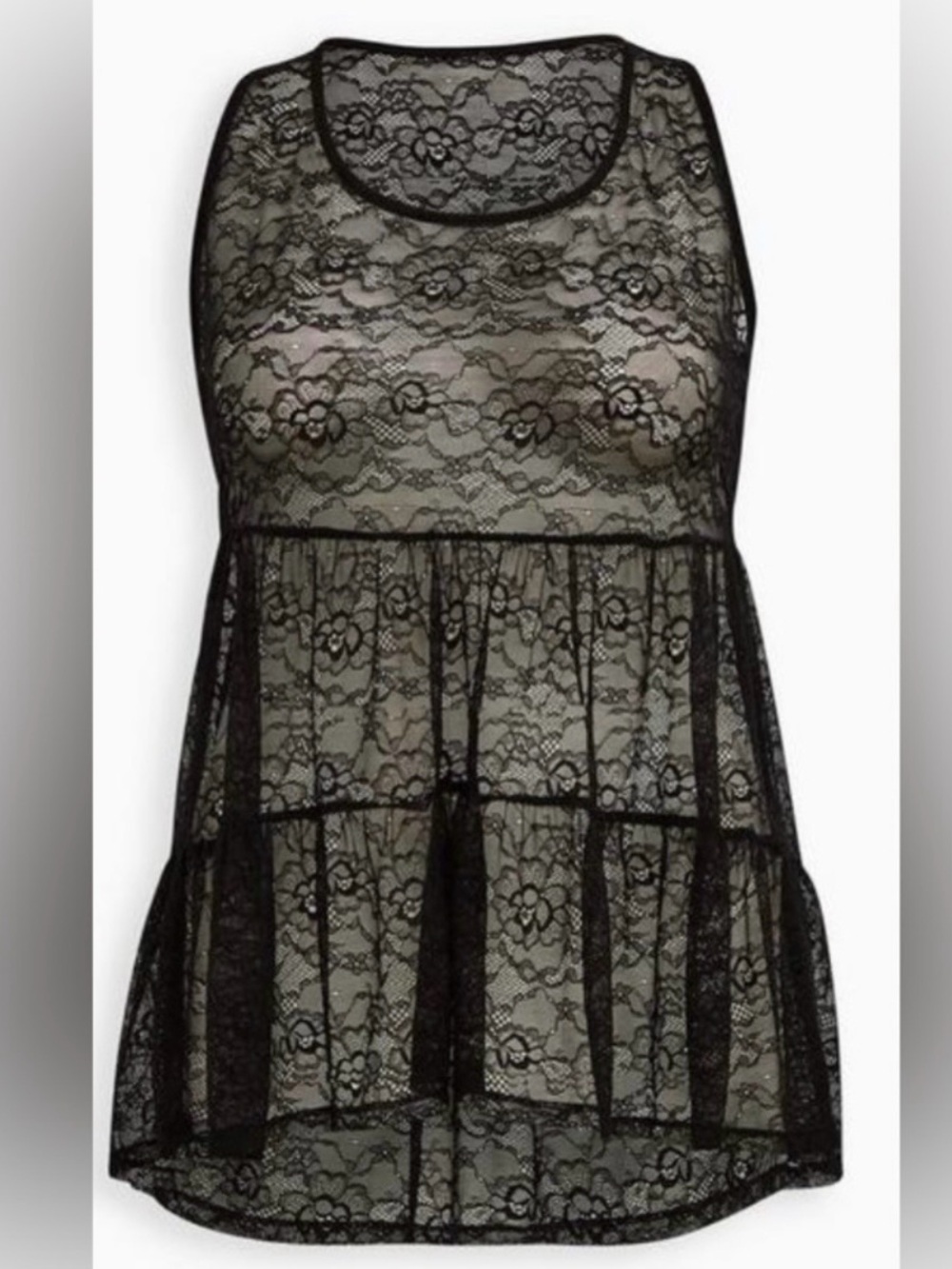 Torrid 0X Sheer Black Lace Tiered Tunic Tank Top